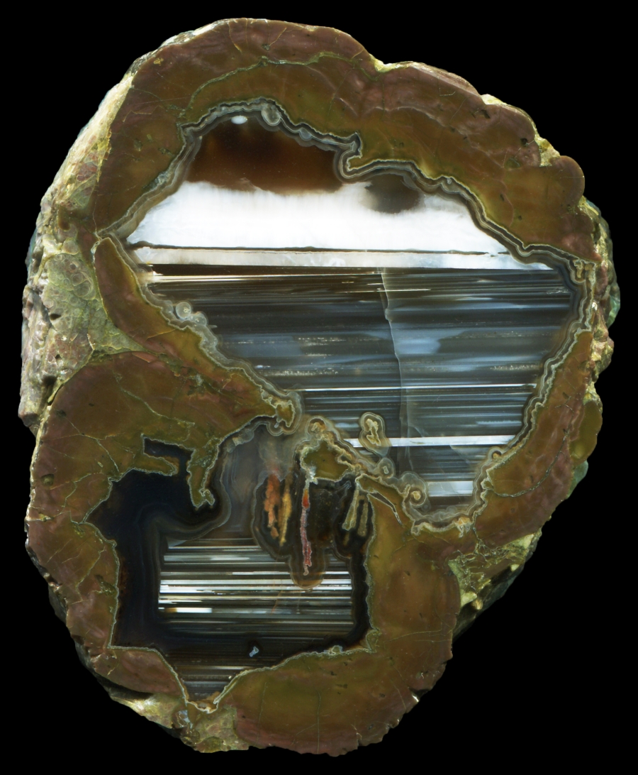 Beautiful Eddy Bed Thunderegg with Tilt Formations and Moss Streamers